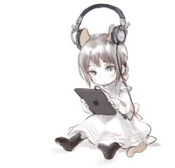 1girl animal_ears apple_inc. black_legwear blue_eyes blush bow cat_ears cat_tail child dress extra_ears female_focus food fruit hair_bow headphones highres ipad nenena original pink_bow ponytail silver_hair simple_background sitting solo sony tablet_pc tail white_background white_dress