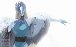 Rule 34 | 1girl, bakeneko38, bare shoulders, blonde hair, blue leotard, breasts, cendrillmon, coat, colored skin, digimon, digimon (creature), fur coat, highres, leotard, long hair, medium breasts, simple background, solo, upper body, watermark, white background, white skin