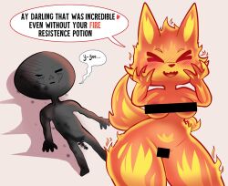 Rule 34 | &gt; &lt;, 1boy, 1girl, aftersex, bar censor, breasts, burnt, censored, censored nipples, elemental (creature), fire, fire elemental, fox girl, highres, medium breasts, meme, mexico ufo alien bodies hearing (meme), oni punch, original, penis, power connection, speech bubble, wide hips