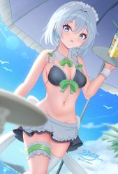 1girl apron bikini blue_eyes bow braid breasts frilled_bikini frills green_bow grey_hair hair_bow hair_intakes highres hyakuya_iori izayoi_sakuya maid maid_headdress medium_breasts midriff navel raised_eyebrows short_hair solo swimsuit touhou tray twin_braids waist_apron