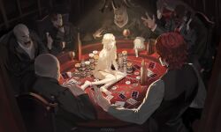 absurdres aventurine_(honkai:_star_rail) blonde_hair bottle card chain chain_leash collar cup drinking_glass formal_clothes hair_between_eyes highres honkai:_star_rail honkai_(series) kakavasha_(honkai:_star_rail) leash long_sleeves male_focus multiple_boys playing_card pogogu poker_chip poker_table red_hair restrained shirt short_hair sitting suit table wine_bottle wine_glass