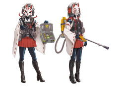 2girls absurdres artist_request assault_rifle biohazard_symbol black_bow black_bowtie black_hair bodysuit bodysuit_under_clothes boots bow bowtie buckle detached_sleeves ear_protection fox_mask full_body gas_mask gun highres holding_case japanese_clothes latex latex_bodysuit load_bearing_vest looking_at_viewer mask miko multiple_girls original pouch red_skirt rifle skirt snap-fit_buckle standing syringe trigger_discipline vial weapon white_background wide_sleeves
