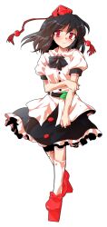 1girl black_bow black_bowtie black_hair black_skirt bow bowtie dairi defeat frilled_skirt frills full_body geta hat miniskirt puffy_short_sleeves puffy_sleeves red_hat red_shoes shameimaru_aya shirt shoes short_sleeves simple_background skirt socks solo tachi-e tengu-geta tokin_hat torn_clothes torn_socks touhou transparent_background white_shirt white_socks