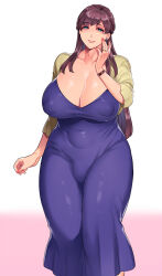 blush breasts brown_hair bulge collarbone covered_erect_nipples curvy futa_without_pussy futanari green_eyes highres huge_breasts jewelry large_breasts mature_female mogiki_hayami mole mole_under_eye nipples original plump ring thick_thighs thighs wedding_ring wide_hips