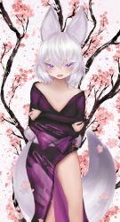 1girl absurdres animal_ears breasts commission eyelashes falling_petals fang flat_chest gluxua highres japanese_clothes knee_up knees_up open_mouth petals phase_connect purple_eyes short_hair skin_fang small_breasts solo standing tail tenma_maemi tree virtual_youtuber white_hair