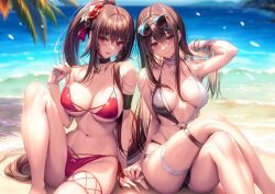 Rule 34 | 2girls, amakano 2, animal collar, armband, armpit peek, bare shoulders, beach, bikini, black bikini, blush, breasts, breasts apart, brown hair, cleavage, closed mouth, collar, collarbone, crossed legs, fingernails, hair between eyes, hand up, hanikami kanojo, high ponytail, knee up, kurohime yuuhi, large breasts, looking at viewer, minazumi kasane, mole, mole on collarbone, multicolored bikini, multiple girls, navel, ocean, official art, outdoors, parted lips, piromizu, ponytail, red bikini, red eyes, single bare arm, sitting, smile, stomach, strap pull, swimsuit, thighs, two-tone bikini, wet, white bikini