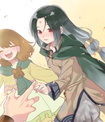 1boy 1girl aged_down child closed_eyes commentary_request facial_mark falling_petals fire_emblem fire_emblem:_path_of_radiance fire_emblem_heroes forehead_mark hair_tubes highres long_hair mist_(close-knit_siblings)_(fire_emblem) mist_(fire_emblem) nintendo official_alternate_costume open_mouth parted_lips petals pixiv_9786468 red_eyes smile soren_(fire_emblem) soren_(hushed_voice)_(fire_emblem)