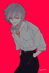 1boy absurdres belt belt_buckle black_pants breast_pocket brown_belt buckle collarbone collared_shirt commentary_request crew_neck double-parted_bangs hair_between_eyes hands_in_pockets highres looking_to_the_side male_focus mile mushi_kei nagisa_kaworu neon_genesis_evangelion open_clothes open_shirt orange_shirt pants parted_lips pocket red_background red_eyes shirt short_sleeves sideways_glance simple_background solo twitter_username white_hair white_shirt wing_collar
