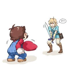 2boys blonde_hair full_body hat holding holding_sword holding_weapon link long_hair male_focus mario mario_(series) master_sword multiple_boys nintendo no pointy_ears ponytail super_mario_odyssey sword the_legend_of_zelda the_legend_of_zelda:_breath_of_the_wild weapon