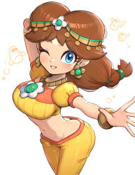 1girl arabian_clothes bandeau blue_eyes blush bracelet breasts brown_hair circlet crop_top earrings flower_earrings flower_pendant gonzarez harem_pants highres jewelry large_breasts long_hair mario_(series) mario_kart mario_kart_world midriff navel necklace nintendo official_alternate_costume one_eye_closed open_mouth orange_pants pants princess_daisy princess_daisy_(oasis) puffy_short_sleeves puffy_sleeves short_hair short_sleeves smile solo stomach yellow_bandeau yellow_pants