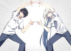 1boy 1girl alternate_costume black_hair blue_eyes blush braid breasts fate/grand_order fate_(series) fujimaru_ritsuka_(male) fusion_dance grey_hair grey_pants half_up_braid highres house_tag_denim large_breasts leaning_to_the_side long_hair looking_at_viewer morgan_le_fay_(fate) one_eye_closed open_mouth pants ponytail shirt short_hair sidelocks smile thighs very_long_hair white_shirt