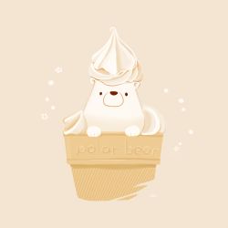animal bear chai_(drawingchisanne) commentary_request english_text food food_focus food_on_head food_writing ice_cream ice_cream_cone in_food looking_at_viewer no_humans object_on_head original polar_bear signature simple_background soft_serve undersized_animal