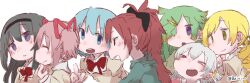 Rule 34 | &gt; &lt;, 6+girls, :o, akemi homura, aki mabayu, blonde hair, blue eyes, blue hair, buivi, closed mouth, drill hair, green hair, kaname madoka, kishimen hair, looking at another, mahou shoujo madoka magica, miki sayaka, mitakihara school uniform, momoe nagisa, multiple girls, one eye covered, open mouth, pink hair, ponytail, purple eyes, red eyes, red hair, sakura kyoko, school uniform, short twintails, tomoe mami, twin drills, twintails, twitter username, white background, yellow eyes