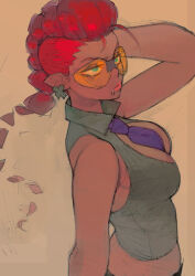 1girl braid breasts commentary crimson_viper cross cross_earrings dark-skinned_female dark_skin drooling earrings highres jewelry long_hair mouth_drool orange-tinted_eyewear pompadour red_hair single_tear solo street_fighter tinted_eyewear umezawa_michiko