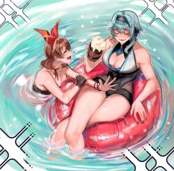 Rule 34 | 2girls, absurdres, afloat, alcohol, alternate hairstyle, amber (genshin impact), beer, beer mug, blue hair, blush, breasts, brown hair, closed eyes, cup, eula (genshin impact), facing another, from above, genshin impact, hair intakes, hairband, hand rest, hand up, headband, highres, holding, holding cup, innertube, kiegenshin, large breasts, long hair, low twintails, mug, multiple girls, neck ribbon, nose blush, on innertube, one-piece swimsuit, open mouth, outstretched arm, outstretched hand, partially submerged, red ribbon, ribbon, ripples, short twintails, smile, swim ring, swimsuit, twintails, water, wet, wooden cup