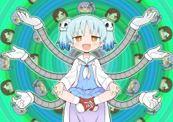 3girls absurdres black_choker blue_hair blue_serafuku blue_skirt brown_hair choker ear_piercing end_card hair_ornament highres izutsumi_marin kazuho_(kazu-ho-ho) koga_konoha kusagakure_satoko looking_at_viewer lotus_position mechanical_arms multiple_girls ninja_to_koroshiya_no_futarigurashi official_art piercing purple_hair school_uniform serafuku sharp_teeth shoes shuriken_hair_ornament skirt skull_hair_ornament sneakers teeth twintails yellow_eyes