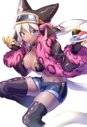 Rule 34 | 1girl, absurdres, animal ears, blue eyes, breasts, cat tail, cleavage, dark-skinned female, dark skin, denim, denim shorts, elbow gloves, eyewear on head, fish (food), food, food on head, gloves, highres, kaiten muten-maru, large breasts, long hair, micro shorts, miyoshi (miyoshi sikb), navel, object on head, open clothes, open shorts, rice, roe, shamu meruruusa, shorts, sunglasses, sushi, tail, thighhighs, white hair, yakumo ran
