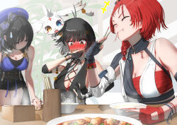 +++ 3girls =_hair_ornament abby_(wuthering_waves) asymmetrical_gloves bangs_pinned_back bare_shoulders beret black_dress black_eyes black_gloves black_hair blue_eyes blue_hat blush bow braid breasts chest_sarashi chixia_(wuthering_waves) chopsticks cleavage closed_eyes closed_mouth collarbone colored_inner_hair comedic_sweatdrop commentary_request cowboy_shot creature_on_head cross-laced_clothes cross-laced_dress cross-laced_top cup dress elbow_pads facial_mark feather_hair female_rover_(wuthering_waves) forehead_mark freckles full-face_blush gloves hair_between_eyes hair_bow hair_ornament hairclip hat hat_bow heterochromia highres holding holding_chopsticks holding_cup large_breasts long_hair looking_at_another lu_lune mismatched_gloves multicolored_hair multiple_girls open_mouth partially_fingerless_gloves plate red_hair rover_(wuthering_waves) sarashi shirt sidelocks single_bare_shoulder single_elbow_pad single_sleeve sitting sleeveless sleeveless_dress smile spicy standing table tacet_mark_(wuthering_waves) upper_body very_long_hair water white_hair white_shirt wuthering_waves yangyang_(wuthering_waves) yellow_eyes