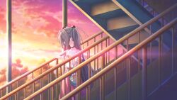 1girl animal_bag antenna_hair bag black_choker blouse blurry blurry_background casual choker cloud day dress from_side fukuda_tomonori game_cg grey_hair hand_on_railing high-waist_skirt highres long_hair non-web_source official_art outdoors pink_skirt puffy_short_sleeves puffy_sleeves robotics;notes robotics;notes_dash shirt short_sleeves skirt sky solo standing sunlight sunset white_shirt yukifune_airi