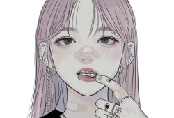 1girl bandage_on_nose bandaid bandaid_on_neck braces ear_piercing face_piercing finger_tattoo grey_eyes jewelry lip_piercing lipstick makeup mouth_pull original parted_bangs piercing ring tattoo uyumint
