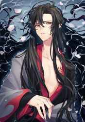 Rule 34 | 1boy, absurdres, afloat, ahoge, bentuudayo, bishounen, black hair, black hanfu, chest tattoo, chinese clothes, coat, coat partially removed, collarbone, eyelashes, floating hair, grey coat, hair between eyes, hair down, half updo, hanfu, highres, long hair, long sleeves, looking at viewer, lying, male focus, modao zushi, off shoulder, official alternate costume, official alternate hairstyle, on back, open clothes, open coat, parted lips, partially submerged, pectoral cleavage, pectorals, petals, petals on liquid, red eyes, red sash, robe, sash, solo, tattoo, upper body, very long hair, water, water drop, wei wuxian, wei wuxian (yiling laozu), wet, wet clothes, wet face, wet hair, wide sleeves