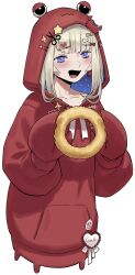 :d absurdres agemmata amanogawa_shiina amanogawa_shiina_(2nd_costume) animal_earrings blonde_hair blue_eyes blue_hair blunt_bangs blush bow bowtie colored_inner_hair crab crab_claw crab_hair_ornament crab_hood double_exposure food fried_food hair_ornament heart heart_hair_ornament highres holding holding_food hood hoodie looking_at_viewer multicolored_hair open_mouth phase_connect red_hoodie self-upload sidelocks smile two-tone_hair virtual_youtuber wavy_mouth white_background
