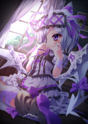 Rule 34 | 1girl, ahoge, bandages, boots, demon wings, dress, emil chronicle online, eyepatch, frilled dress, frilled hairband, frills, hairband, highres, indoors, purple eyes, purple ribbon, ribbon, sitting, white familiar alma, white hair, white wings, wings, yupi828