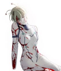 1girl alien antennae blonde_hair blood blood_in_hair blood_on_clothes blood_on_face bodysuit breasts commentary_request dandadan feet_out_of_frame highres medium_breasts nimaigai_2222 parted_lips short_hair sitting solo spacesuit tears vamola_(dandadan) white_background white_bodysuit yokozuwari