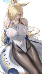 1girl absurdres animal_ears bare_shoulders black_pantyhose blonde_hair blue_archive blue_eyes blue_halo blue_jacket blush breasts collarbone commentary_request covered_navel hair_over_one_eye halo highleg highleg_one-piece_swimsuit highres innertube jacket kanna_(blue_archive) kanna_(swimsuit)_(blue_archive) large_breasts long_hair long_sleeves looking_at_viewer off_shoulder official_alternate_costume one-piece_swimsuit one_eye_covered pantyhose pantyhose_under_swimsuit parted_lips ponytail ponytial simple_background sitting solo swim_ring swimsuit thighband_pantyhose thighs white_background white_one-piece_swimsuit yabacha