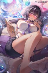 1girl absurdres bad_link bed bed_sheet black_hair black_shorts blush book breasts chibi collarbone dress finger_to_mouth glasses heart heart-shaped_pupils highres holding holding_book large_breasts legs_up long_hair lying official_art on_bed purple_eyes purple_hair shirt shorts smile snowbreak:_containment_zone socks solo symbol-shaped_pupils toes vidya_shannon water_drop white_shirt white_socks