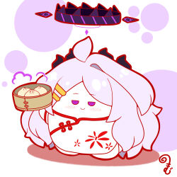 ahoge bamboo_steamer steamed_bun blue_archive blush china_dress chinese_clothes closed_mouth colored_shadow dress food full_body grey_hair hair_ornament hairclip halo hand_up highres hina_(blue_archive) holding horns kurukurumagical long_hair purple_eyes shadow single_hair_intake smile solo very_long_hair white_background white_dress