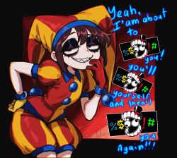 black_eyes black_eyeshadow breasts brown_hair censored censored_text english_text eyeshadow feet_out_of_frame gloves hand_on_own_face hand_on_own_hip hat highres jester_cap jester_costume leaning_forward looking_at_viewer lowered_eyelids makeup medium_hair osidid pomni_(the_amazing_digital_circus) puffy_short_sleeves puffy_sleeves red_gloves sharp_teeth short_sleeves small_breasts teeth the_amazing_digital_circus yellow_gloves