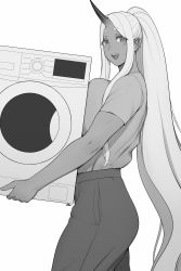 Rule 34 | 1girl, absurdly long hair, blush, breast press, breasts, bushu (lvl), carrying, clothes dryer, commentary, cowboy shot, english commentary, eyes visible through hair, from side, greyscale, high ponytail, highres, horns, huge breasts, jpeg artifacts, long hair, looking at viewer, lvl (sentrythe2310), monochrome, original, outline, pants, parted bangs, pointy ears, ponytail, short eyebrows, short sleeves, sidelocks, simple background, single horn, smile, solo, strong, strong woman, talking, teeth, very long hair, walking, white background