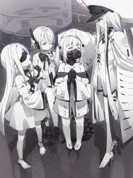 4girls :t ^_^ absurdres barefoot black_blindfold black_mask blindfold blue_archive closed_eyes colored_skin ein_(blue_archive) hat height_difference highres long_hair looking_at_another malkuth_(blue_archive) mask mouth_mask multiple_girls ohr_(blue_archive) pout short_hair sof_(blue_archive) standing tail toes twintails very_long_hair white_hair white_hat white_skin yellow_eyes yukie_(kusaka_shi)