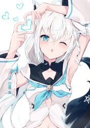 1girl ;o absurdres animal_ear_fluff animal_ears aqua_eyes arm_up armpits blush braid breasts collarbone detached_sleeves four-finger_heart_hands fox_ears front_slit hair_between_eyes heart heart_hands highres hijiriunu hololive long_hair long_sleeves looking_at_viewer medium_breasts navel one_eye_closed open_mouth pentagram shirakami_fubuki shirakami_fubuki_(1st_costume) shirt side_braid simple_background solo virtual_youtuber white_background white_hair white_shirt wide_sleeves
