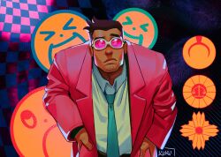 1boy :/ ace_attorney aqua_necktie badge black_background black_hair button_badge checkered_background commentary dick_gumshoe english_commentary facial_hair fingerprint glasses goatee_stubble hands_on_own_hips highres jacket kukustar_(kukuu) leaning_forward looking_at_viewer necktie open_clothes open_jacket pink-framed_eyewear pink_jacket raised_eyebrow round_eyewear shirt short_hair signature stubble white_shirt
