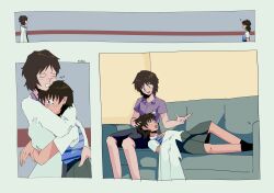 Rule 34 | ..., 2girls, ?, absurdres, black socks, brown hair, closed eyes, collar, collared shirt, commentary, couch, ear piercing, ekdsc, english commentary, genderswap, genderswap (mtf), highres, hug, ikari shinji, ikari yui, lab coat, left-to-right manga, long skirt, lying, mother and daughter, motherly, multiple girls, neon genesis evangelion, on couch, open mouth, piercing, purple collar, shirt, short hair, signature, skirt, socks, surprised, tearing up