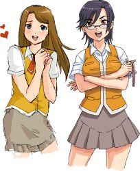00s 2girls black_hair blush brown_hair glasses harada_chie heart long_hair multiple_girls my-hime nigou school_uniform senou_aoi serafuku short_hair