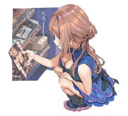 Rule 34 | 1girl, apron, bare shoulders, black apron, blue eyes, blue shirt, blue skirt, blush, bra, bra peek, breasts, brown hair, downblouse, from above, gakuen idolmaster, hair bun, hamedoragon, himesaki rinami, holding, holding magazine, idolmaster, large breasts, long hair, loose socks, magazine (object), nipples, open mouth, pink bra, plaid clothes, plaid skirt, pornography, self-pornography, shirt, shoes, single hair bun, skirt, sleeveless, sleeveless shirt, sneakers, socks, solo, squatting, underwear