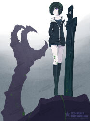 Rule 34 | 1girl, 32zzz, artist name, black dress, black jacket, black matagi, black rock shooter, black skirt, dress, hair over one eye, headphones, highres, holding, holding sword, holding weapon, huge weapon, jacket, long sleeves, miniskirt, pleated skirt, purple eyes, skirt, sword, watermark, weapon