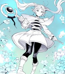 1girl blue_background boots elf frieren greyscale_with_colored_background highres holding holding_staff long_hair nanahachi_77889 pantyhose pointy_ears skirt solo sousou_no_frieren staff twintails two-tone_shirt