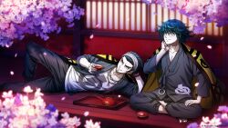 Rule 34 | 2boys, absurdres, aqua eyes, bead bracelet, bead necklace, beads, blue eyes, bracelet, cherry blossoms, cup, glasses, grey hairband, grin, hairband, hanami, highres, holding, holding cup, japanese clothes, jewelry, kettle, looking ahead, lying, male focus, medium hair, multiple boys, necklace, official art, on side, pectoral cleavage, pectorals, porch, sakazuki, sakura hanafuda (tribe nine), short hair, smile, tribe nine, ueno yajirobe