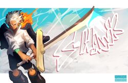 1boy black_boots black_shorts black_wings boots character_name closed_mouth commentary english_commentary fire highres holding holding_sword holding_weapon male_focus one_piece s-hawk seraphim_(one_piece) shirt short_hair shorts solo star-shaped_pupils star_(symbol) sword symbol-shaped_pupils taku_(aywakutakuay) weapon white_hair white_shirt wind wings