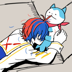 1boy 1other alear_(fire_emblem) alear_(male)_(fire_emblem) bandana biting_hair blue_fur blue_hair fire_emblem fire_emblem_engage multicolored_hair nintendo ouzisamafe red_bandana red_hair sommie_(fire_emblem) split-color_hair two-tone_fur two-tone_hair white_fur