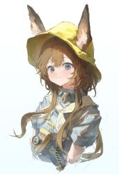1girl amiya_(arknights) animal_ear_fluff animal_ears arknights blue_eyes blue_shirt blush brown_hair camera closed_mouth ears_through_headwear hair_between_eyes hat jacket long_hair looking_at_viewer mumu_millhayes neckerchief rabbit_ears rabbit_girl shirt short_sleeves simple_background smile solo upper_body white_background yellow_hat