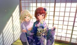 2girls :d black_pants blonde_hair blush cinderella_series closed_mouth cowboy_shot eye_contact floral_print floral_print_kimono flower game_cg green_eyes hachigatsu_no_cinderella_nine hair_flower hair_ornament highres indoors kurashiki_maiko lens_flare light_particles long_sleeves looking_at_another multiple_girls non-web_source obi official_alternate_hairstyle official_art open_mouth pants print_kimono red_eyes red_hair sash shouji shy sliding_doors smile sparkle standing sweater tatami white_sweater