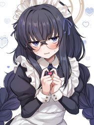 1girl alternate_costume apron black_hair blue_archive blush braid brown_halo commentary_request doraje enmaided frilled_apron frills glasses halo highres juliet_sleeves long_hair long_sleeves looking_at_viewer maid maid_apron maid_headdress parted_lips partial_commentary puffy_sleeves purple_eyes round_eyewear solo twin_braids ui_(blue_archive) white_apron