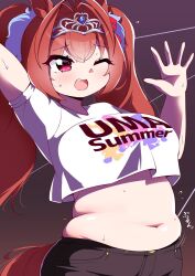 Rule 34 | 1girl, animal ears, arm up, belly, black pants, breasts, brown hair, crop top, daiwa scarlet (umamusume), hair ornament, horse ears, horse girl, horse tail, large breasts, long twintails, medium breasts, midriff, navel, one eye closed, open mouth, pants, plump, red eyes, shirt, shiyo hodaka, solo, standing, sweat, t-shirt, tail, tiara, twintails, umamusume, waving, white shirt, wink