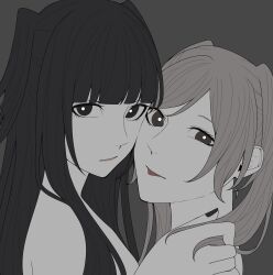 2girls ao_saryaruhu bare_arms bare_shoulders black_eyes black_hair black_nails breasts brown_eyes cheek-to-cheek collarbone couple expressionless eyelashes female_focus female_robin_(fire_emblem) fingernails fire_emblem fire_emblem_awakening from_side greyscale hand_on_another&#039;s_shoulder hand_up heads_together height_difference highres hime_cut implied_nudity large_breasts lips long_hair looking_at_viewer matching_hair/eyes medium_breasts monochrome multiple_girls nail_polish neck no_headwear parted_lips short_twintails sidelocks swept_bangs tharja_(fire_emblem) tongue tongue_out topless_frame turning_head twintails upper_body white_hair yuri