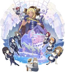 6+girls ahoge alternate_costume arm_up black_hair black_shoes blonde_hair blue_eyes blue_hair breasts brown_eyes brown_hair butler character_request check_character crossed_legs cup dress drinking_glass enmaided female_butler genjitsu_no_yohane gloves green_eyes holding holding_cup horns kneehighs kunikida_hanamaru kurosawa_dia kurosawa_ruby lailaps_(genjitsu_no_yohane) large_breasts long_sleeves love_live! love_live!_sunshine!! maid maid_headdress matsuura_kanan monocle multiple_girls ohara_mari open_mouth orange_hair pellapie pink_eyes ponytail purple_eyes purple_gloves red_hair sakurauchi_riko salute shoes short_hair short_twintails sideboob sitting smile socks takami_chika translation_request tsushima_yoshiko twintails waste-man watanabe_you white_dress white_gloves white_socks wine_glass wings